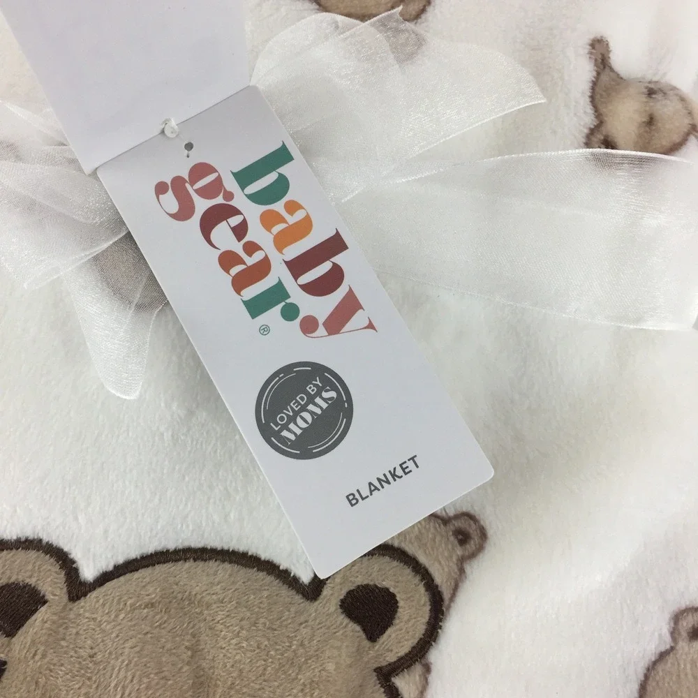Baby Gear Blanket White Teddy Bear Plush Fleece Embroidered 30x40 Inches